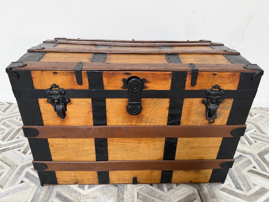 Antique Early 20th Century American Rolling Pine Blanket Chest Featuring Black Metal Strap Mounts 34W X 21D X 24.5H [Photo 2]