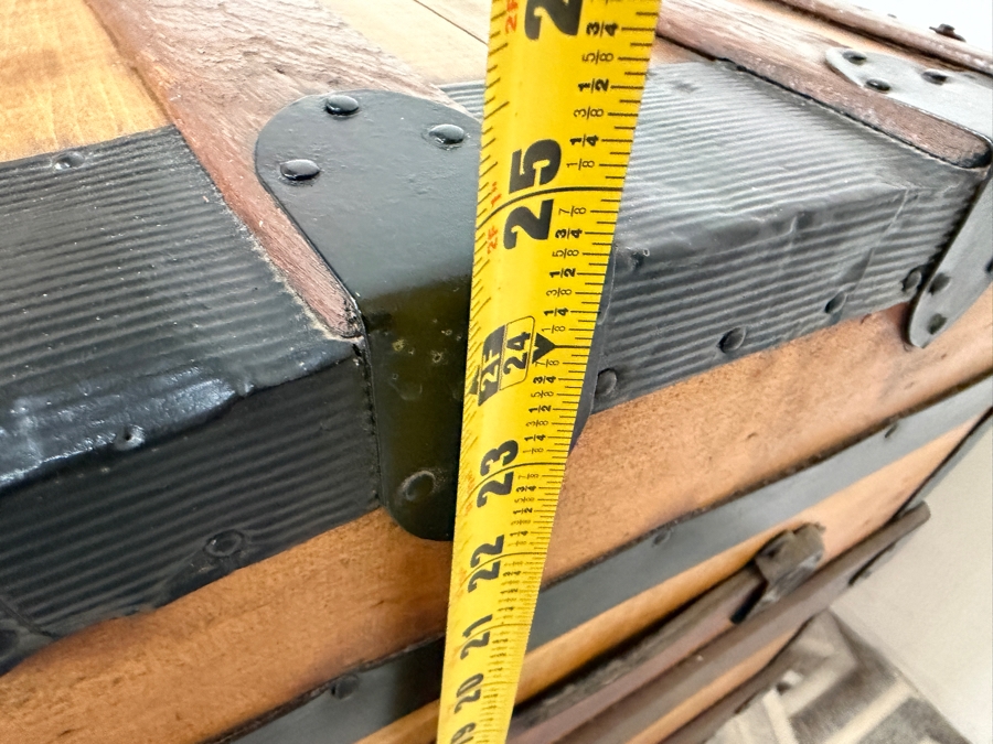 Antique Early 20th Century American Rolling Pine Blanket Chest Featuring Black Metal Strap Mounts 34W X 21D X 24.5H [Photo 11]