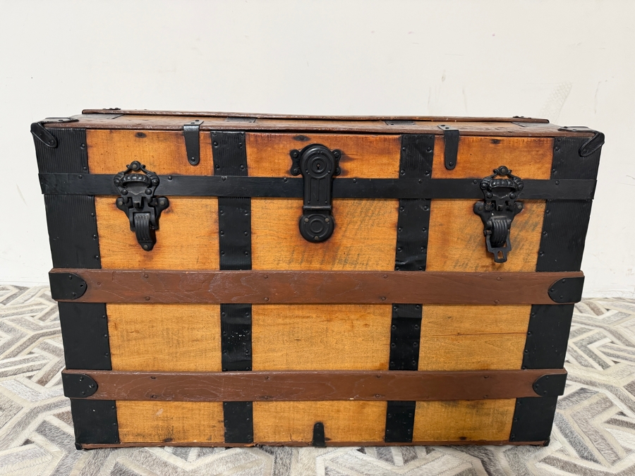 Antique Early 20th Century American Rolling Pine Blanket Chest Featuring Black Metal Strap Mounts 34W X 21D X 24.5H [Photo 3]