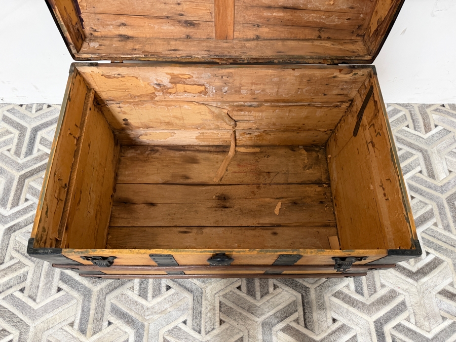 Antique Early 20th Century American Rolling Pine Blanket Chest Featuring Black Metal Strap Mounts 34W X 21D X 24.5H [Photo 8]