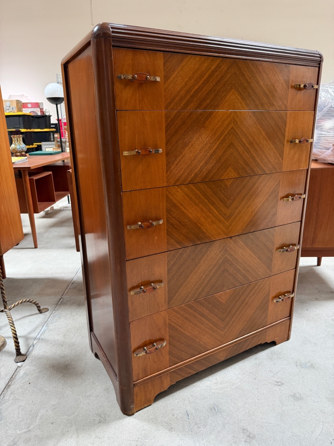 Vintage 1930s Art Deco 5-Drawer Waterfall Highboy Chest Of Drawers Dresser 35W X 19D X 51.5H [Photo 8]