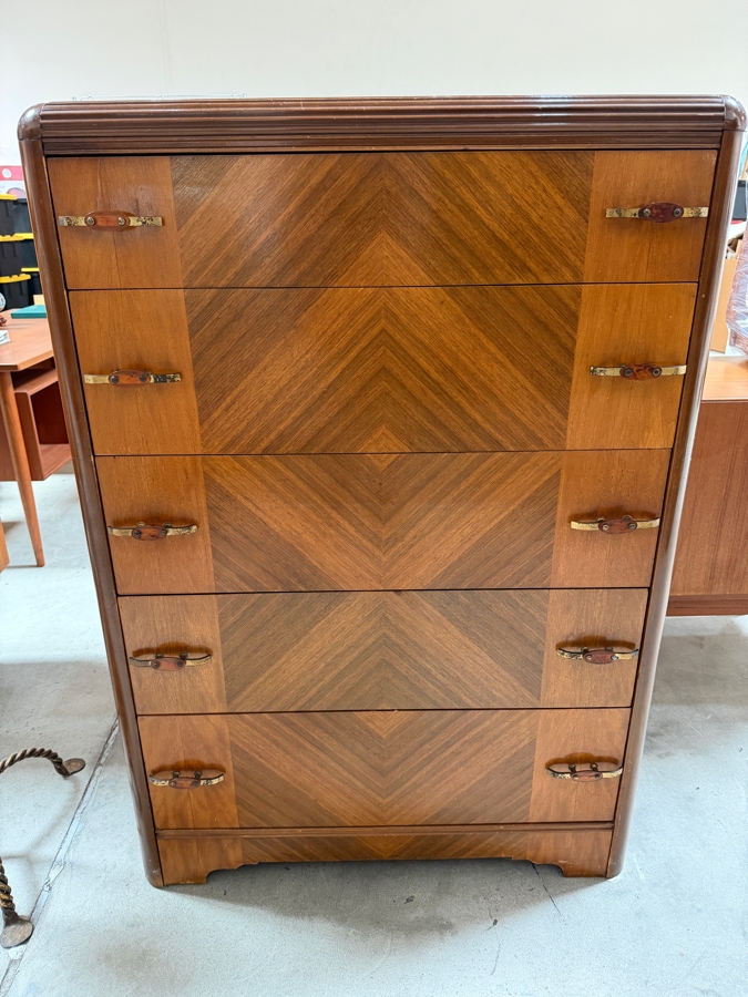 Vintage 1930s Art Deco 5-Drawer Waterfall Highboy Chest Of Drawers Dresser 35W X 19D X 51.5H [Photo 3]