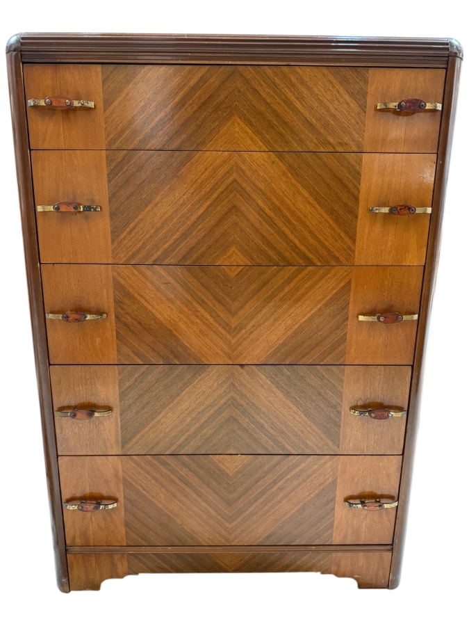 Vintage 1930s Art Deco 5-Drawer Waterfall Highboy Chest Of Drawers Dresser 35W X 19D X 51.5H