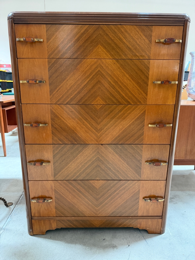 Vintage 1930s Art Deco 5-Drawer Waterfall Highboy Chest Of Drawers Dresser 35W X 19D X 51.5H [Photo 2]