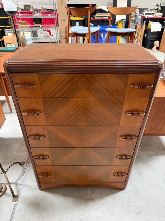 Vintage 1930s Art Deco 5-Drawer Waterfall Highboy Chest Of Drawers Dresser 35W X 19D X 51.5H [Photo 4]