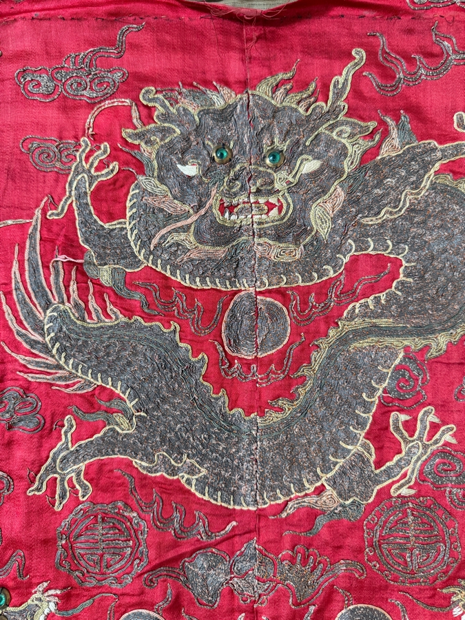 Antique Chinese Gold and Silk Embroidered Textile Panel Likely Dating from the Qing Dynasty (1644-1911) Featuring Three Dragons 25.5 X 32 [Photo 3]