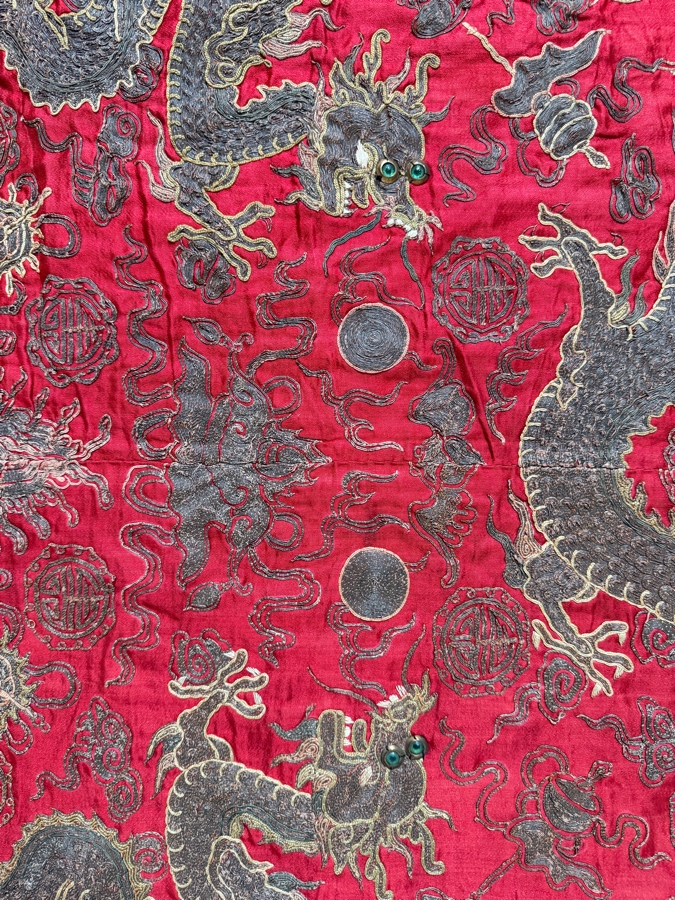 Antique Chinese Gold and Silk Embroidered Textile Panel Likely Dating from the Qing Dynasty (1644-1911) Featuring Three Dragons 25.5 X 32 [Photo 5]
