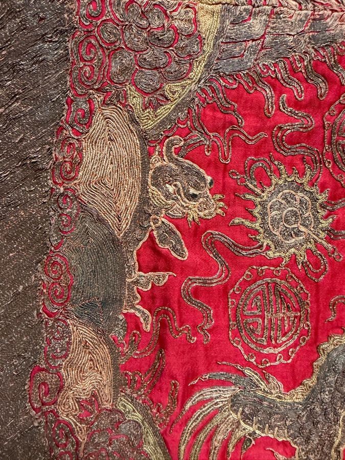 Antique Chinese Gold and Silk Embroidered Textile Panel Likely Dating from the Qing Dynasty (1644-1911) Featuring Three Dragons 25.5 X 32 [Photo 9]