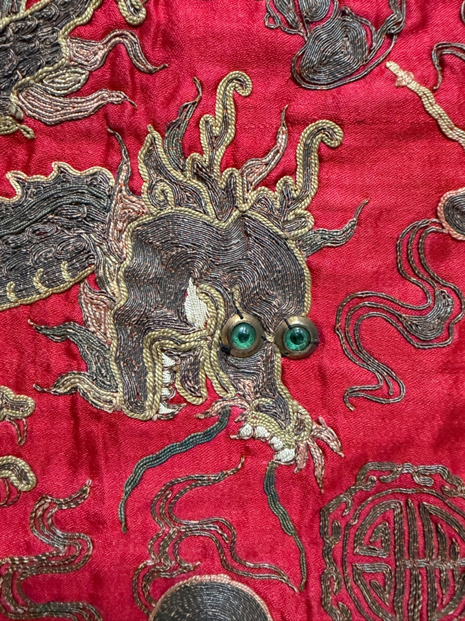 Antique Chinese Gold and Silk Embroidered Textile Panel Likely Dating from the Qing Dynasty (1644-1911) Featuring Three Dragons 25.5 X 32 [Photo 7]