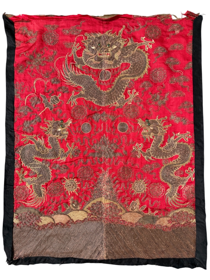 Antique Chinese Gold and Silk Embroidered Textile Panel Likely Dating from the Qing Dynasty (1644-1911) Featuring Three Dragons 25.5 X 32