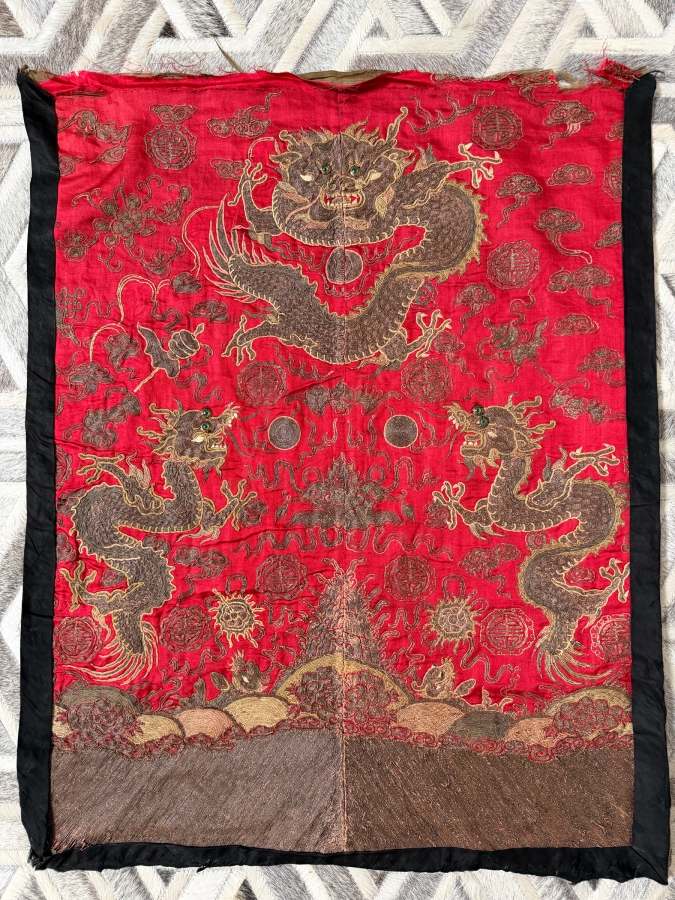 Antique Chinese Gold and Silk Embroidered Textile Panel Likely Dating from the Qing Dynasty (1644-1911) Featuring Three Dragons 25.5 X 32 [Photo 2]