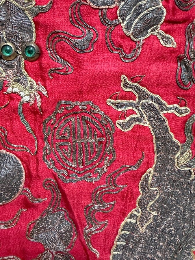 Antique Chinese Gold and Silk Embroidered Textile Panel Likely Dating from the Qing Dynasty (1644-1911) Featuring Three Dragons 25.5 X 32 [Photo 6]