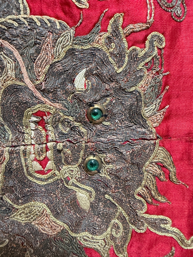 Antique Chinese Gold and Silk Embroidered Textile Panel Likely Dating from the Qing Dynasty (1644-1911) Featuring Three Dragons 25.5 X 32 [Photo 4]