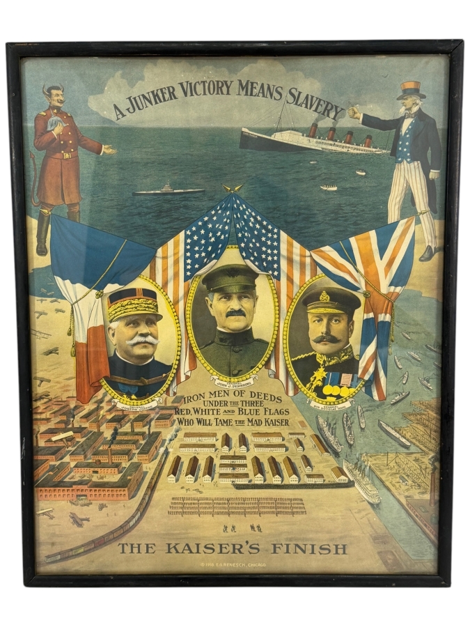 Original 1918 World War I Propaganda Poster Titled 'A Junker Victory Means Slavery - The Kaiser's Finish' Printed by E.G. Renesch of Chicago Framed 16.5 X 20.5