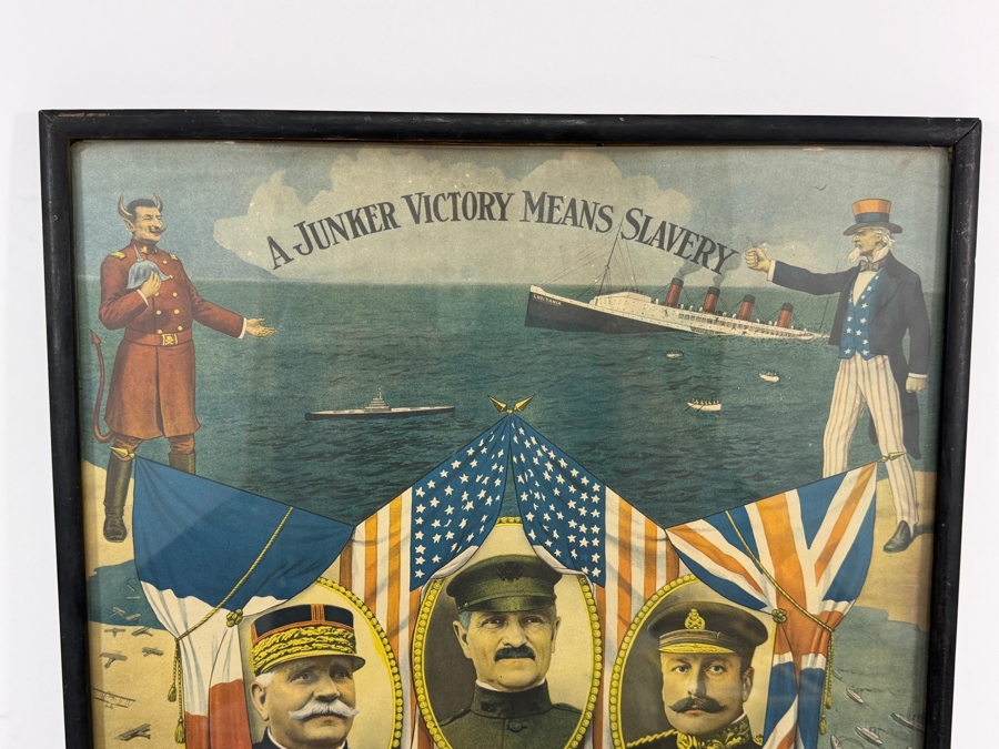 Original 1918 World War I Propaganda Poster Titled 'A Junker Victory Means Slavery - The Kaiser's Finish' Printed by E.G. Renesch of Chicago Framed 16.5 X 20.5 [Photo 4]