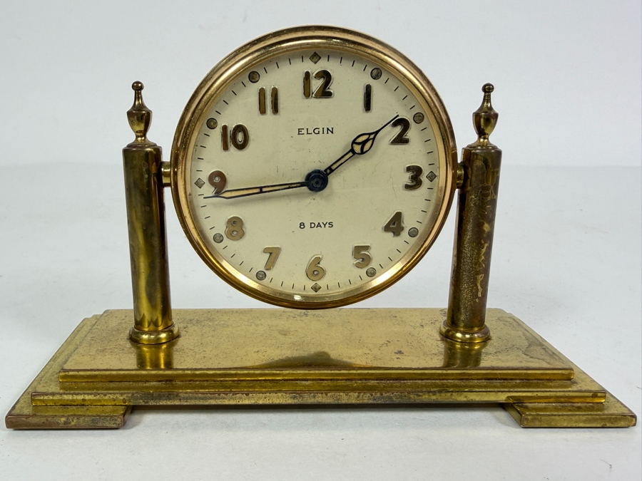 Vintage Elgin Art Deco 8 Days Desk Clock with a Round Brass Case 5.25W X 2.25D X 3.5H [Photo 5]