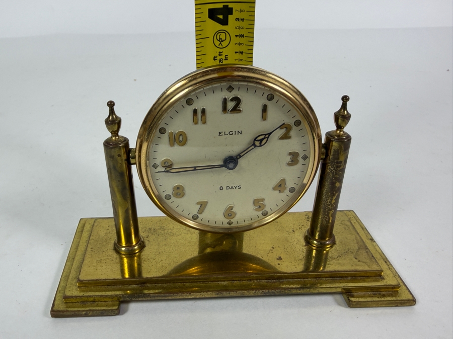 Vintage Elgin Art Deco 8 Days Desk Clock with a Round Brass Case 5.25W X 2.25D X 3.5H [Photo 11]