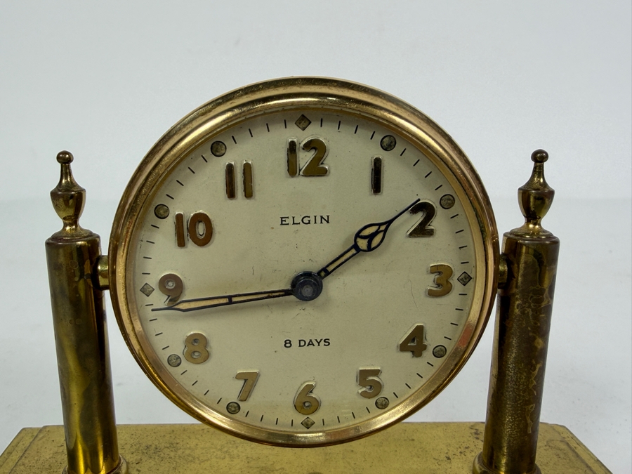 Vintage Elgin Art Deco 8 Days Desk Clock with a Round Brass Case 5.25W X 2.25D X 3.5H [Photo 6]