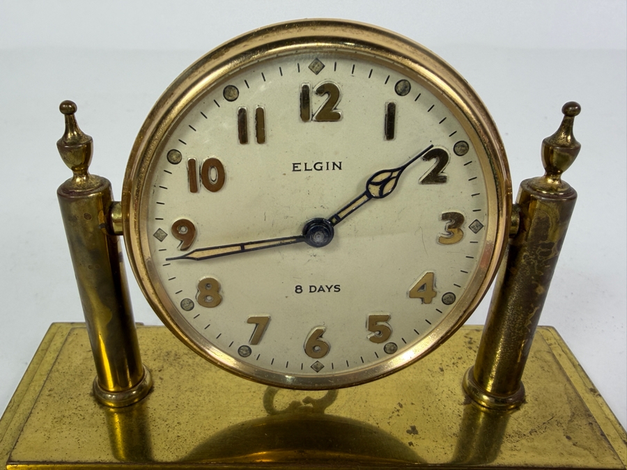 Vintage Elgin Art Deco 8 Days Desk Clock with a Round Brass Case 5.25W X 2.25D X 3.5H [Photo 3]