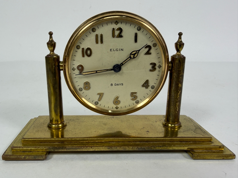 Vintage Elgin Art Deco 8 Days Desk Clock with a Round Brass Case 5.25W X 2.25D X 3.5H [Photo 4]