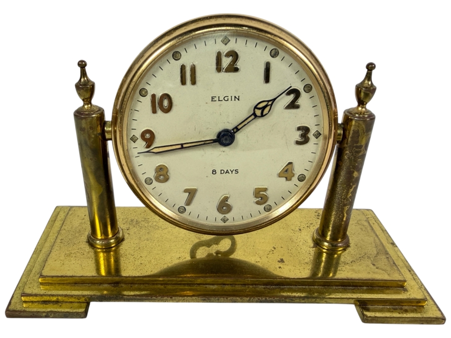 Vintage Elgin Art Deco 8 Days Desk Clock with a Round Brass Case 5.25W X 2.25D X 3.5H