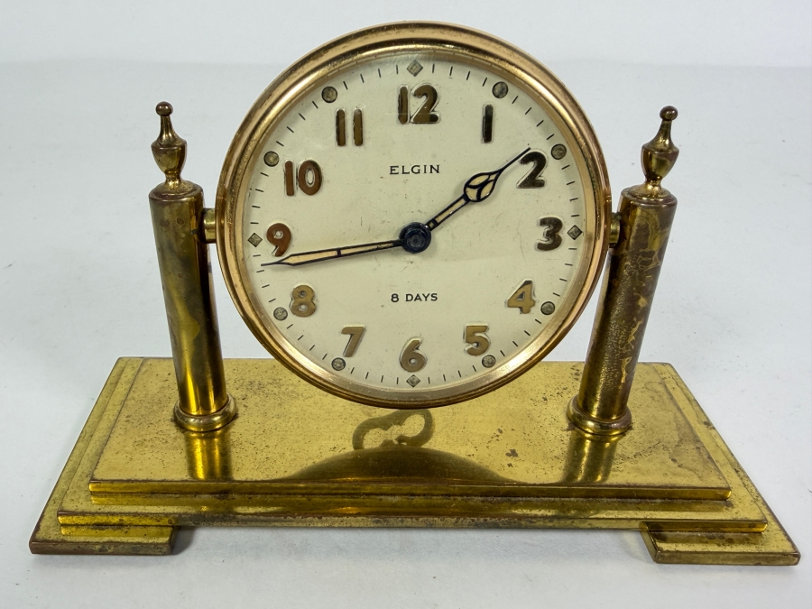 Vintage Elgin Art Deco 8 Days Desk Clock with a Round Brass Case 5.25W X 2.25D X 3.5H [Photo 2]