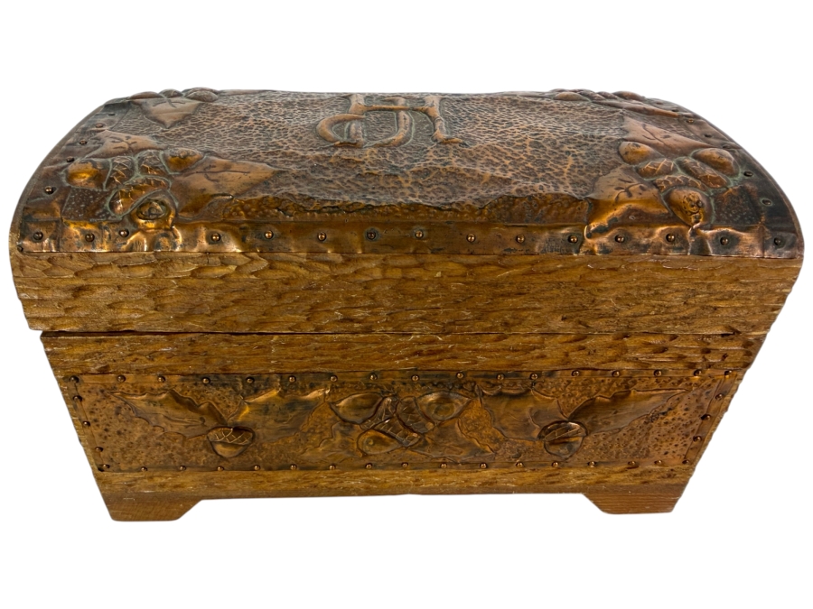 Antique Arts and Crafts Style Carved Wood and Embossed Copper Box 8.5W X 5D X 5H