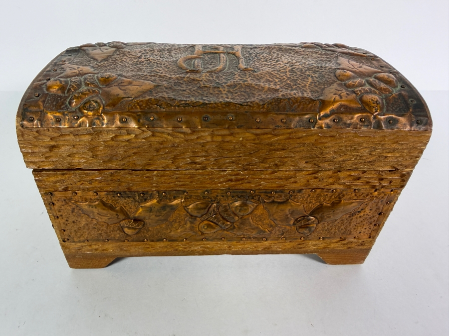 Antique Arts and Crafts Style Carved Wood and Embossed Copper Box 8.5W X 5D X 5H [Photo 2]
