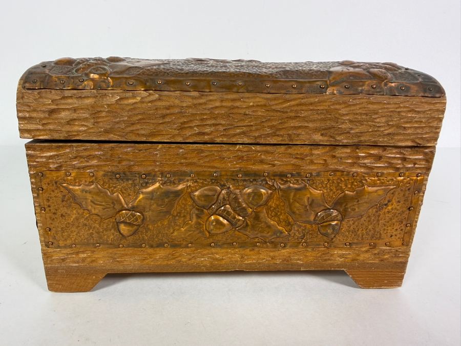 Antique Arts and Crafts Style Carved Wood and Embossed Copper Box 8.5W X 5D X 5H [Photo 4]