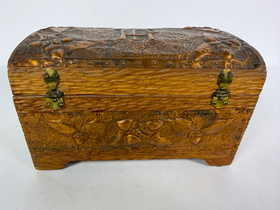 Antique Arts and Crafts Style Carved Wood and Embossed Copper Box 8.5W X 5D X 5H [Photo 7]