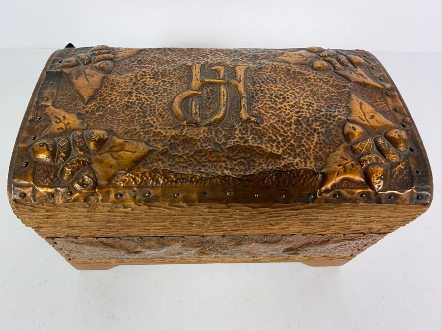 Antique Arts and Crafts Style Carved Wood and Embossed Copper Box 8.5W X 5D X 5H [Photo 3]