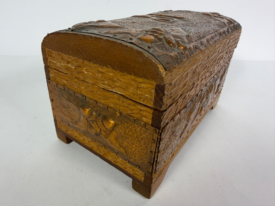 Antique Arts and Crafts Style Carved Wood and Embossed Copper Box 8.5W X 5D X 5H [Photo 6]
