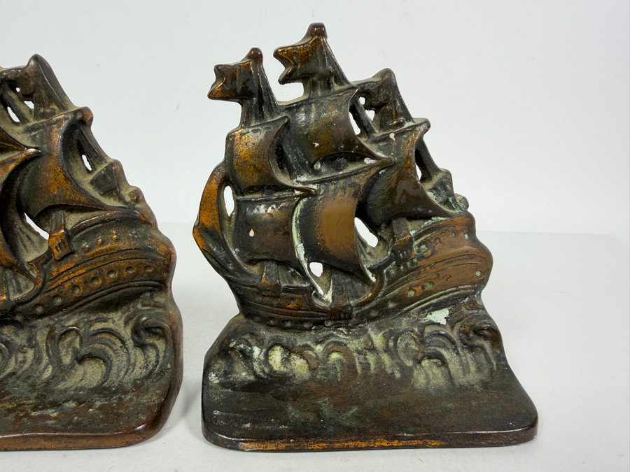 Pair Of Vintage Copper Spanish Galleon Ship Bookends 5W X 5.5H [Photo 4]