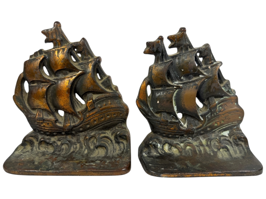 Pair Of Vintage Copper Spanish Galleon Ship Bookends 5W X 5.5H