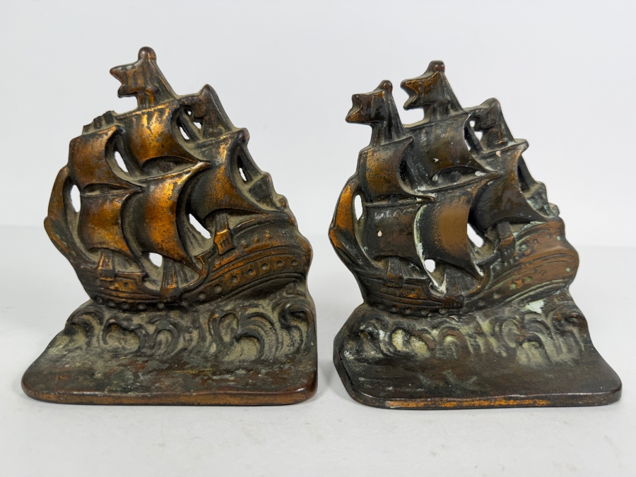 Pair Of Vintage Copper Spanish Galleon Ship Bookends 5W X 5.5H [Photo 2]