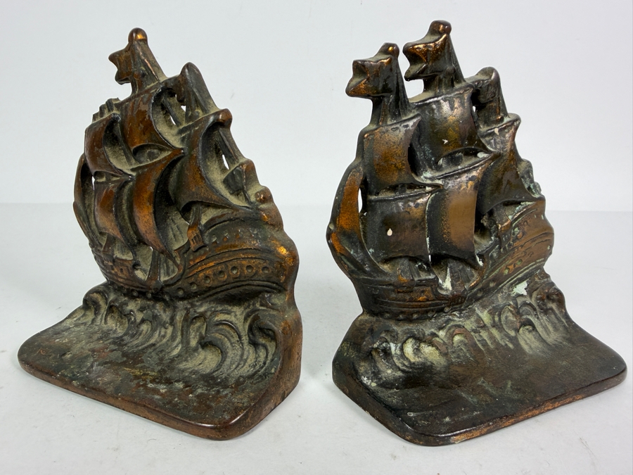 Pair Of Vintage Copper Spanish Galleon Ship Bookends 5W X 5.5H [Photo 5]