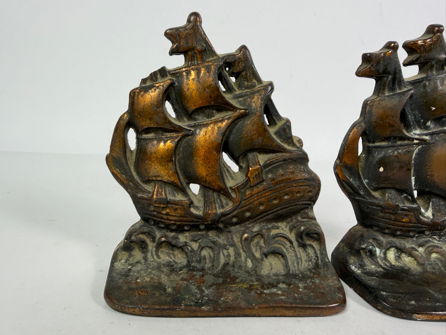 Pair Of Vintage Copper Spanish Galleon Ship Bookends 5W X 5.5H [Photo 3]