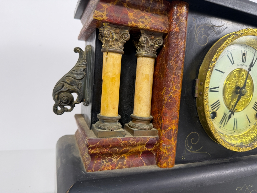 Antique Sessions 8-day, Half-Hour Strike, Cathedral Gong Wooden Faux Marble Mantel Clock Not Working 18W X 6.5D X 11.5H [Photo 3]