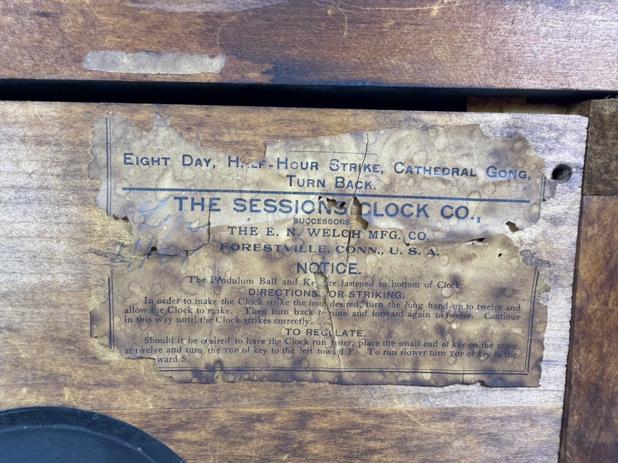 Antique Sessions 8-day, Half-Hour Strike, Cathedral Gong Wooden Faux Marble Mantel Clock Not Working 18W X 6.5D X 11.5H [Photo 12]