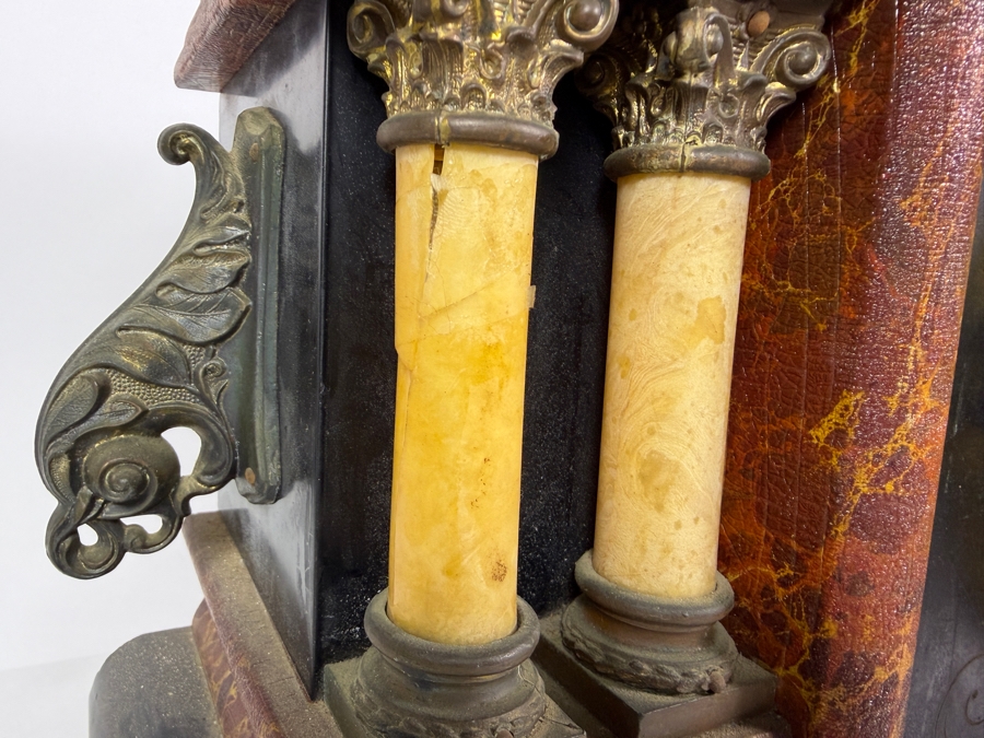 Antique Sessions 8-day, Half-Hour Strike, Cathedral Gong Wooden Faux Marble Mantel Clock Not Working 18W X 6.5D X 11.5H [Photo 4]