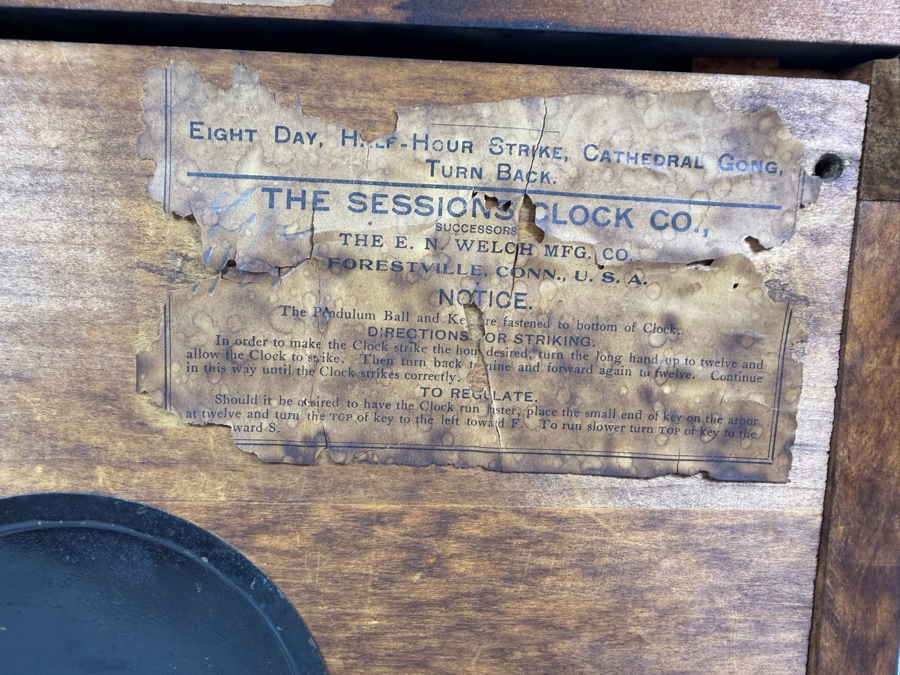 Antique Sessions 8-day, Half-Hour Strike, Cathedral Gong Wooden Faux Marble Mantel Clock Not Working 18W X 6.5D X 11.5H [Photo 13]