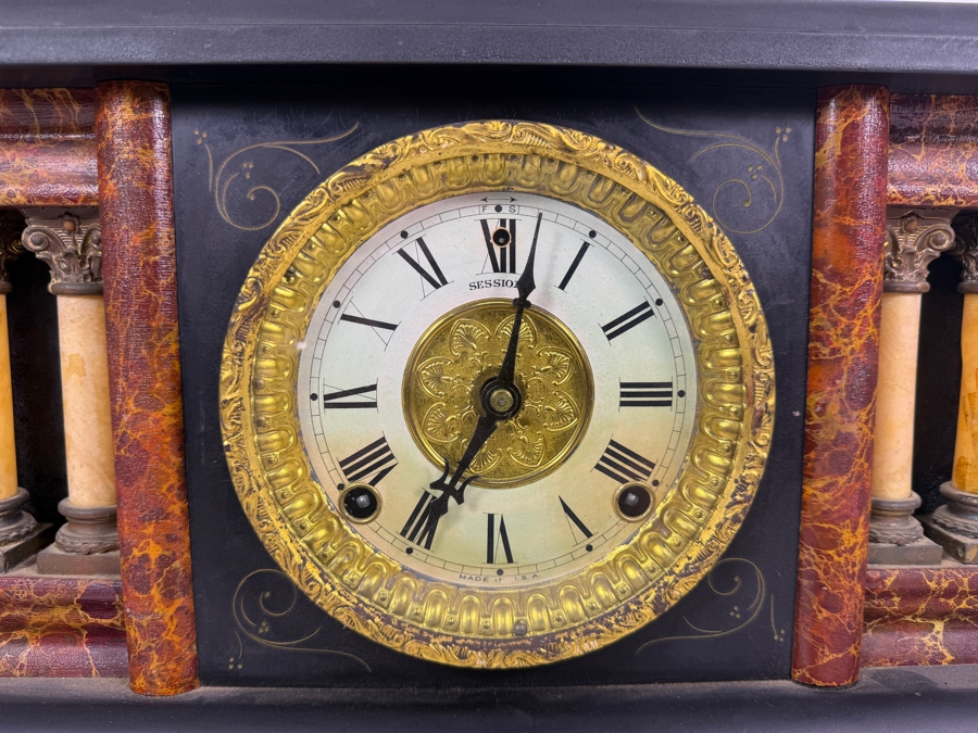 Antique Sessions 8-day, Half-Hour Strike, Cathedral Gong Wooden Faux Marble Mantel Clock Not Working 18W X 6.5D X 11.5H [Photo 2]