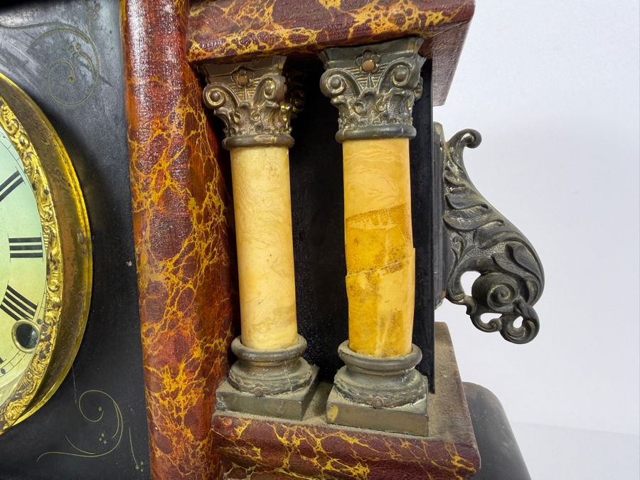 Antique Sessions 8-day, Half-Hour Strike, Cathedral Gong Wooden Faux Marble Mantel Clock Not Working 18W X 6.5D X 11.5H [Photo 5]