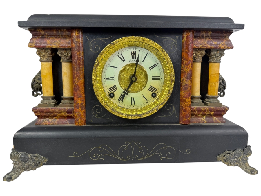 Antique Sessions 8-day, Half-Hour Strike, Cathedral Gong Wooden Faux Marble Mantel Clock Not Working 18W X 6.5D X 11.5H