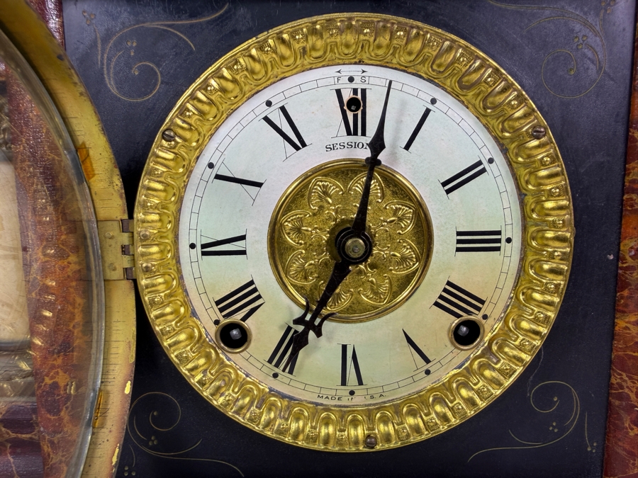 Antique Sessions 8-day, Half-Hour Strike, Cathedral Gong Wooden Faux Marble Mantel Clock Not Working 18W X 6.5D X 11.5H [Photo 7]