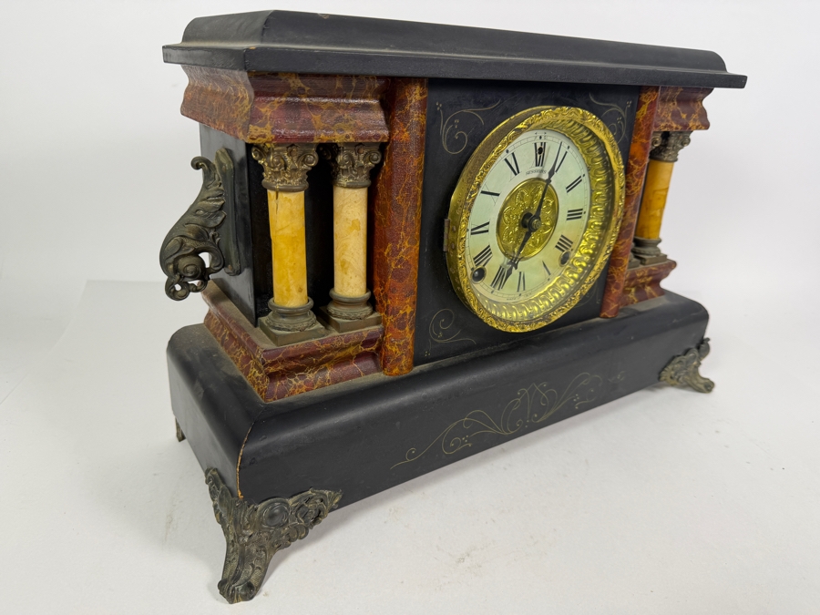 Antique Sessions 8-day, Half-Hour Strike, Cathedral Gong Wooden Faux Marble Mantel Clock Not Working 18W X 6.5D X 11.5H [Photo 10]