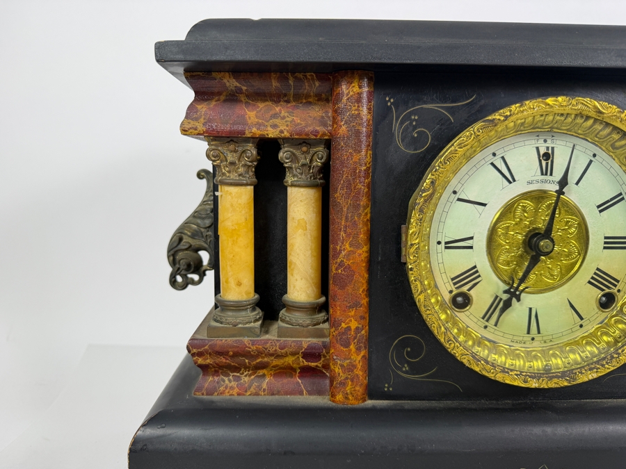 Antique Sessions 8-day, Half-Hour Strike, Cathedral Gong Wooden Faux Marble Mantel Clock Not Working 18W X 6.5D X 11.5H [Photo 6]