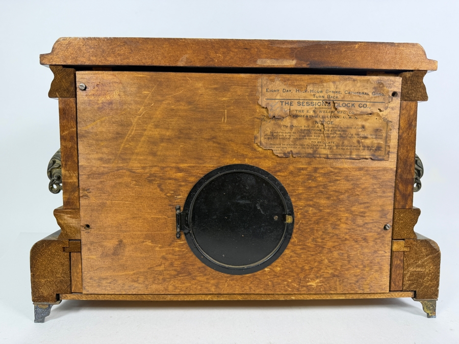 Antique Sessions 8-day, Half-Hour Strike, Cathedral Gong Wooden Faux Marble Mantel Clock Not Working 18W X 6.5D X 11.5H [Photo 11]