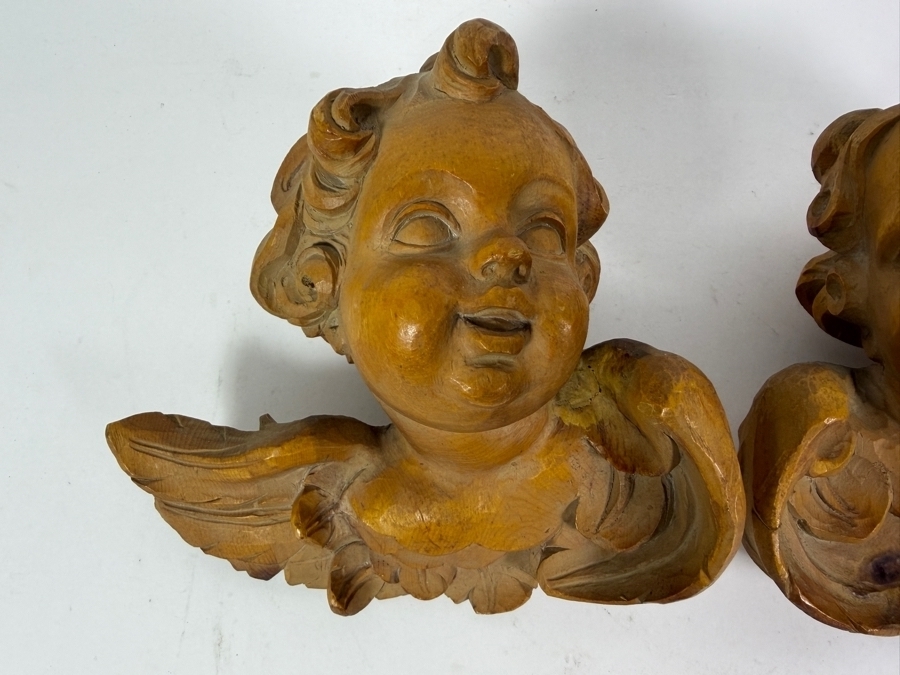 Vintage Hand Carved Wooden Cherub Wall Sculptures 8.5 X 7.5 [Photo 3]
