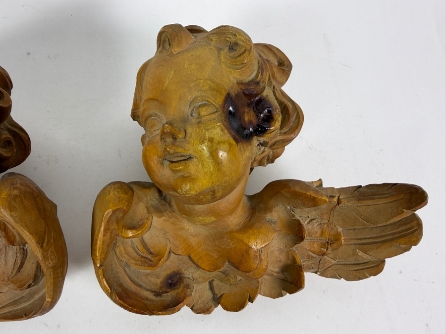 Vintage Hand Carved Wooden Cherub Wall Sculptures 8.5 X 7.5 [Photo 5]